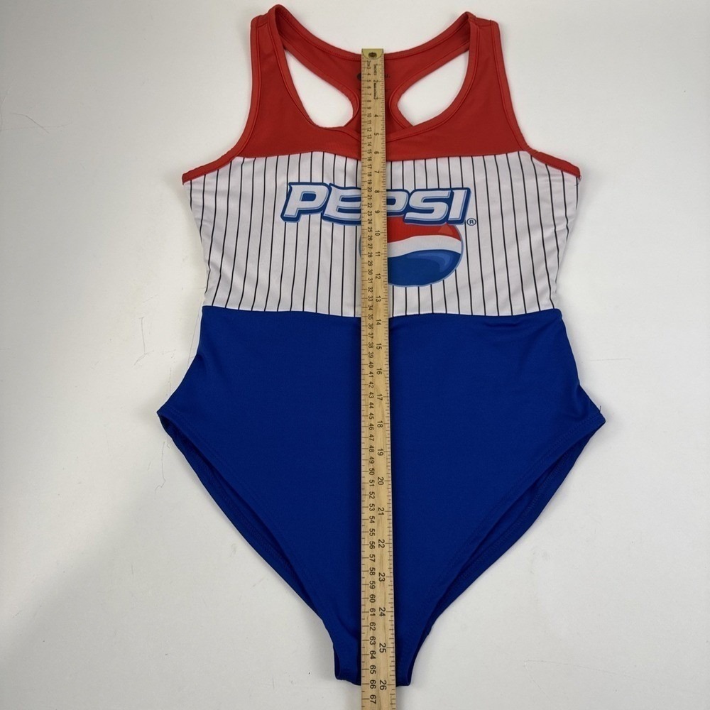 Pepsi One Piece Swimsuit Women Large Blue Red White Pinstripe Racerback Logo - Picture 8 of 11